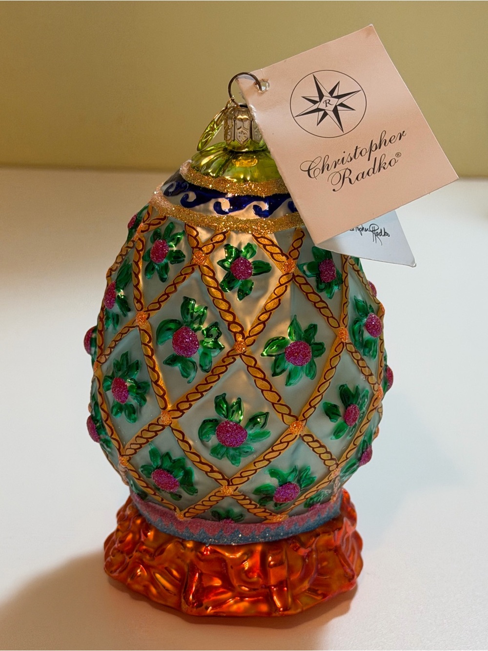 VTG Christopher Radko Gilded Rose Blossom Faberge Egg Glass Ornament w/Tags